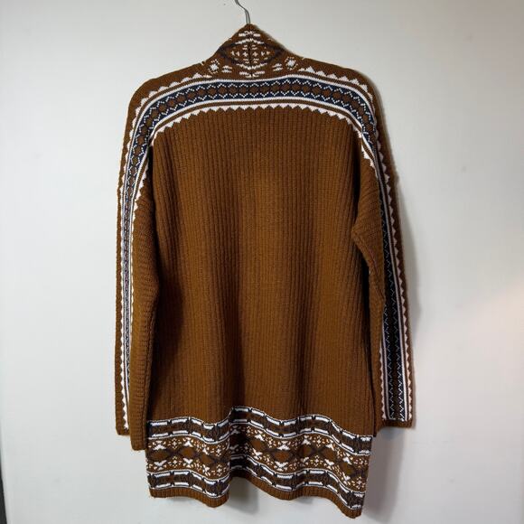 Lucky Brand Boho Knit Open Mustard Brown Cream Sweater SZ L Pockets Tribal Aztec - Picture 2 of 7